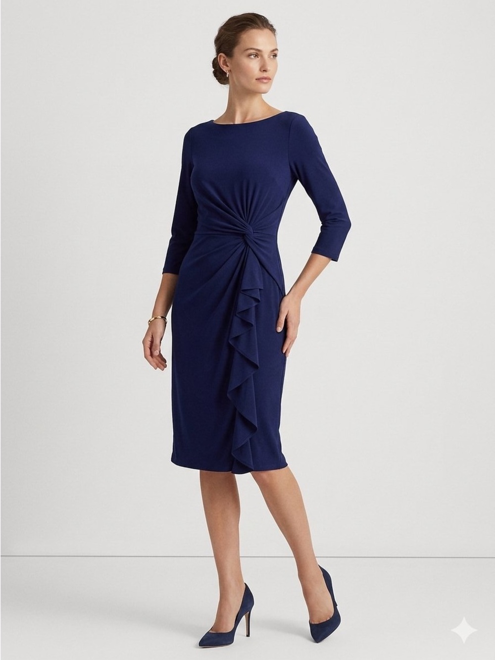 LRL Navy Twist-Front Long Sleeve Sheath Dress (8)